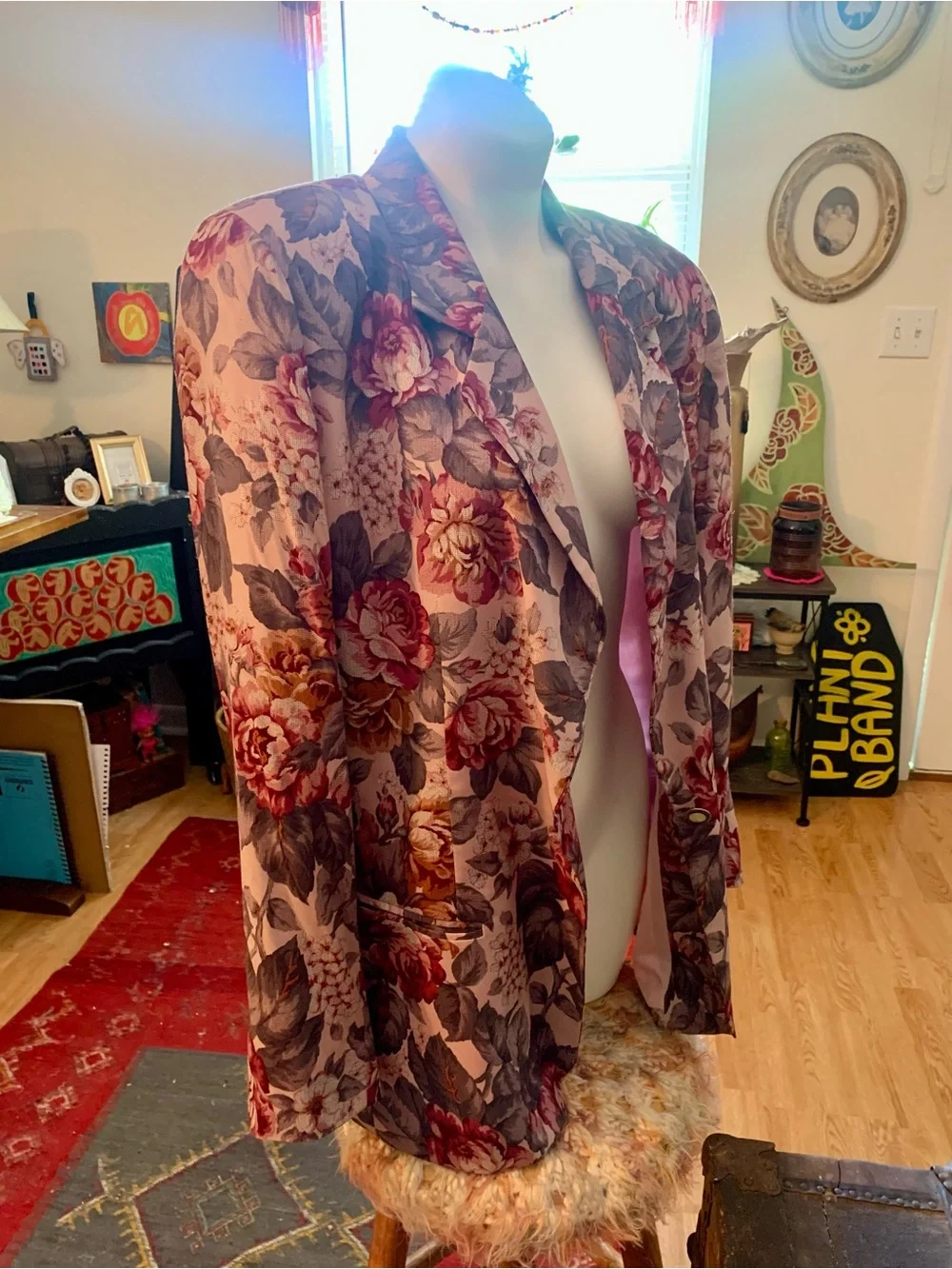 Floral Pink Blazer with 'Leave Me Alone' Opossum Patch - Picture 2 of 10